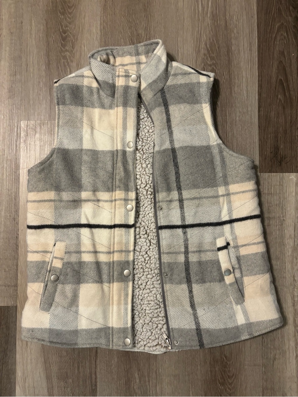 Altar'd State Gray & Cream Plaid Sherpa Vest
